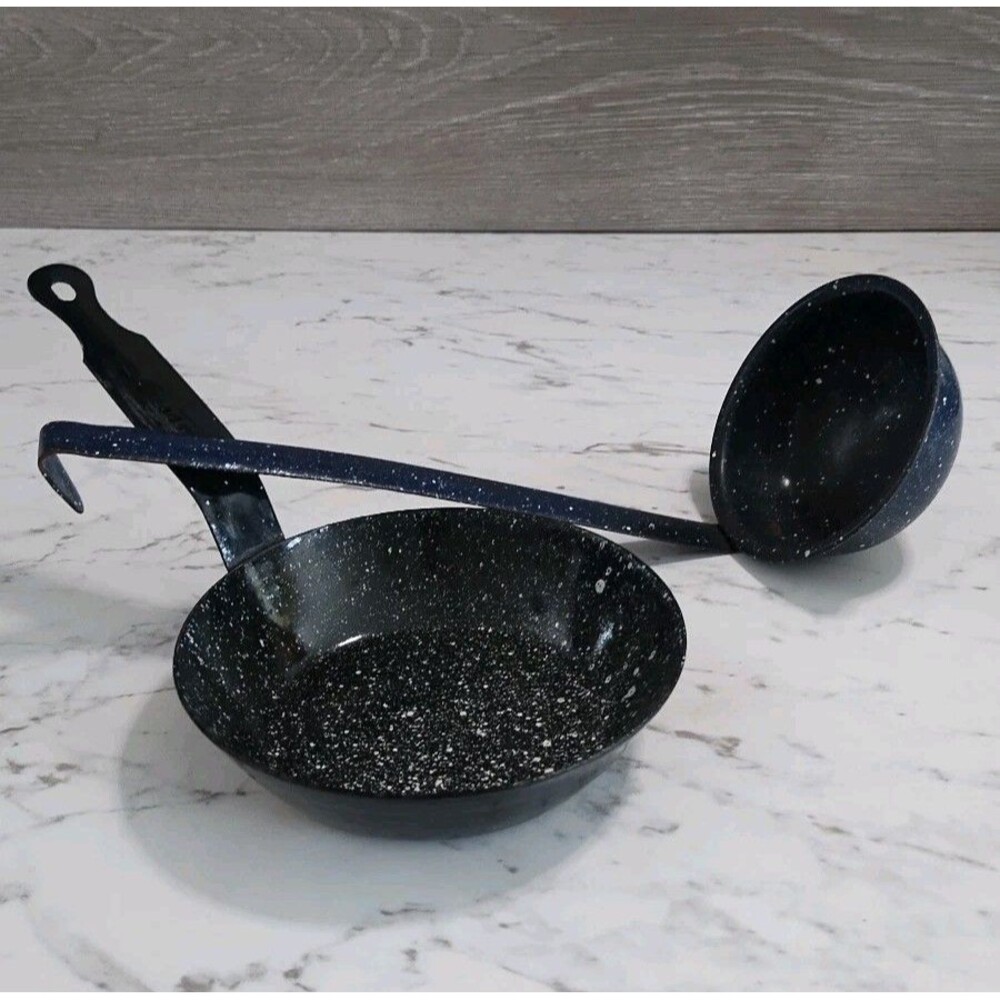 Vintage Black Speckled Enamelware Magefesa 10" Fry Pan & Blue Speckled Dipper